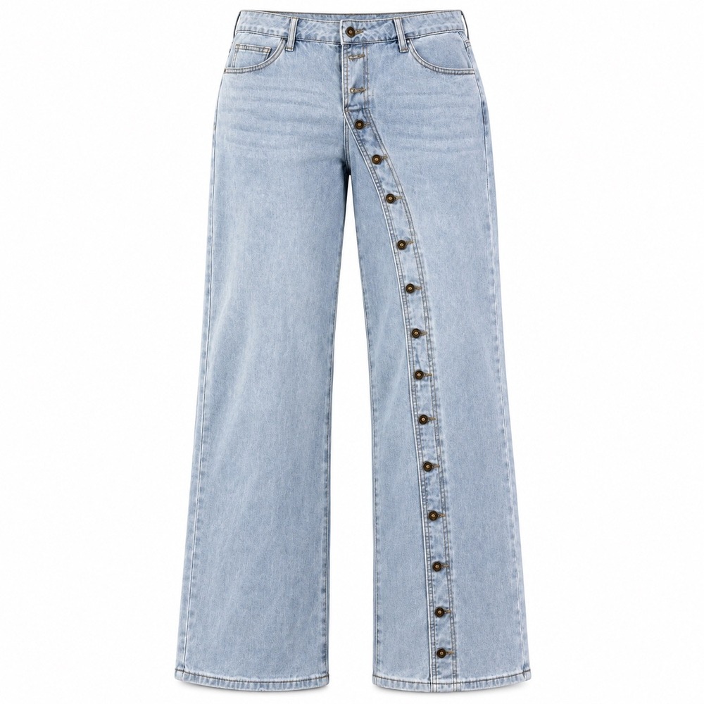 Edikted Wide Leg Jeans Women L Light Wash Asymmetrical Button Y2K Streetwear